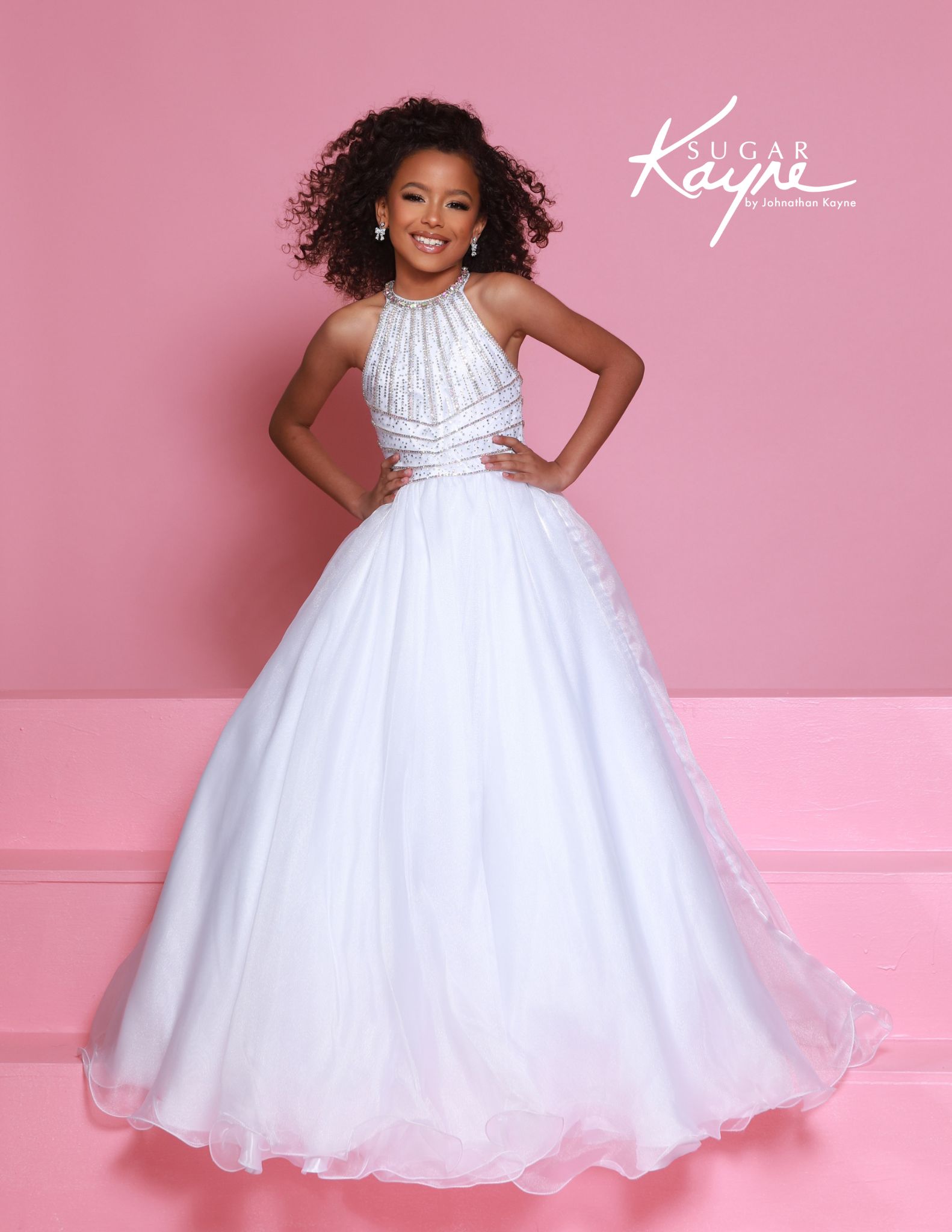 White girls halter pageant ball gown with silver rhinestone bodice and organza skirt - elegant sugar kayne style for formal events, pageants, and titles.